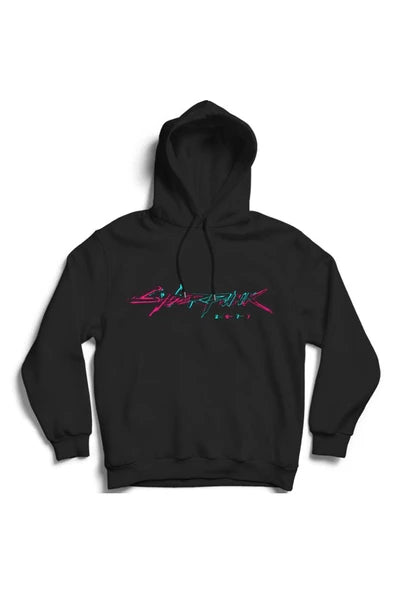 Cyber Punk Neon logosu baskılı siyah kapüşonlu sweatshirt