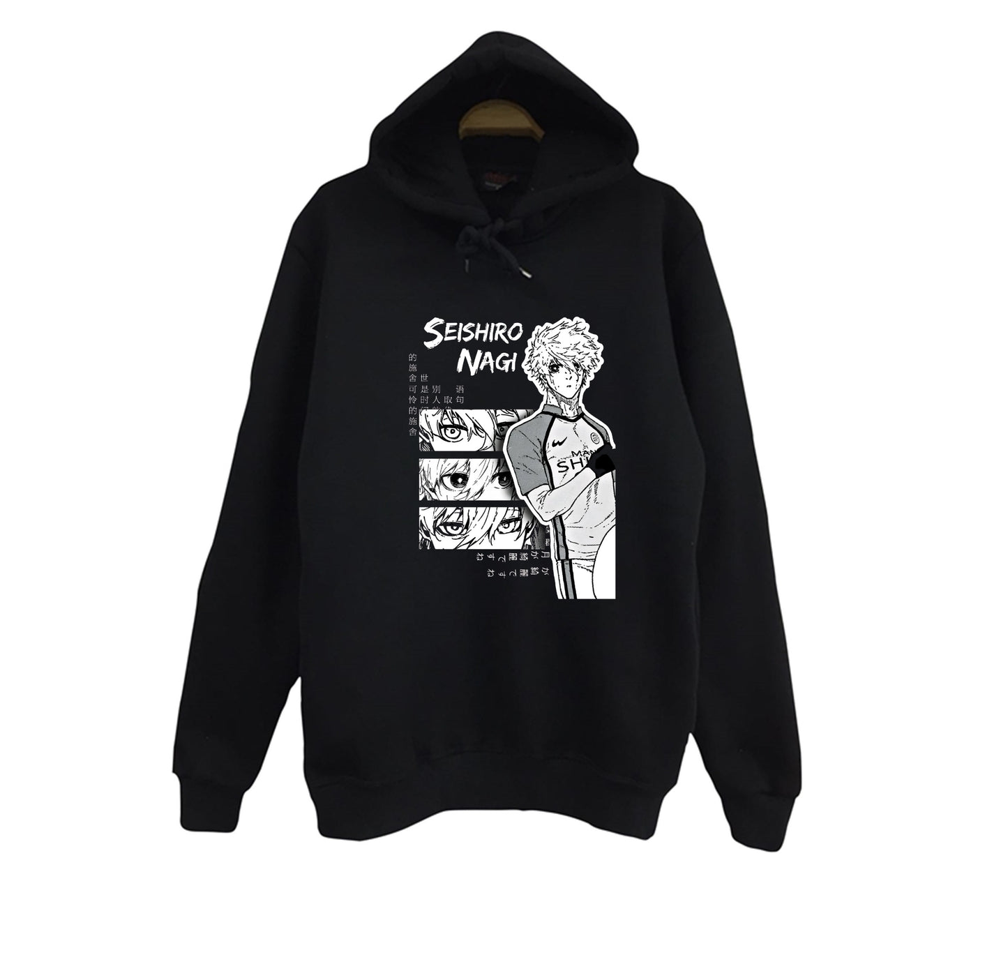 Blue Lock Nagi Seishiro Anime Baskılı Unisex %100 Pamuk Kapüşonlu Siyah Sweatshirt