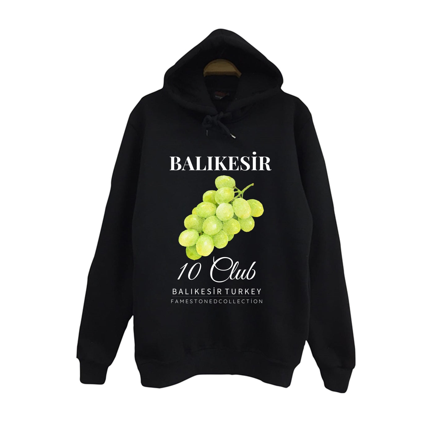 Balıkesir 10 Üzüm - Meyve - Sahil - Beach Şehir Baskılı Unisex %100 Pamuk Kapüşonlu Siyah Sweatshirt