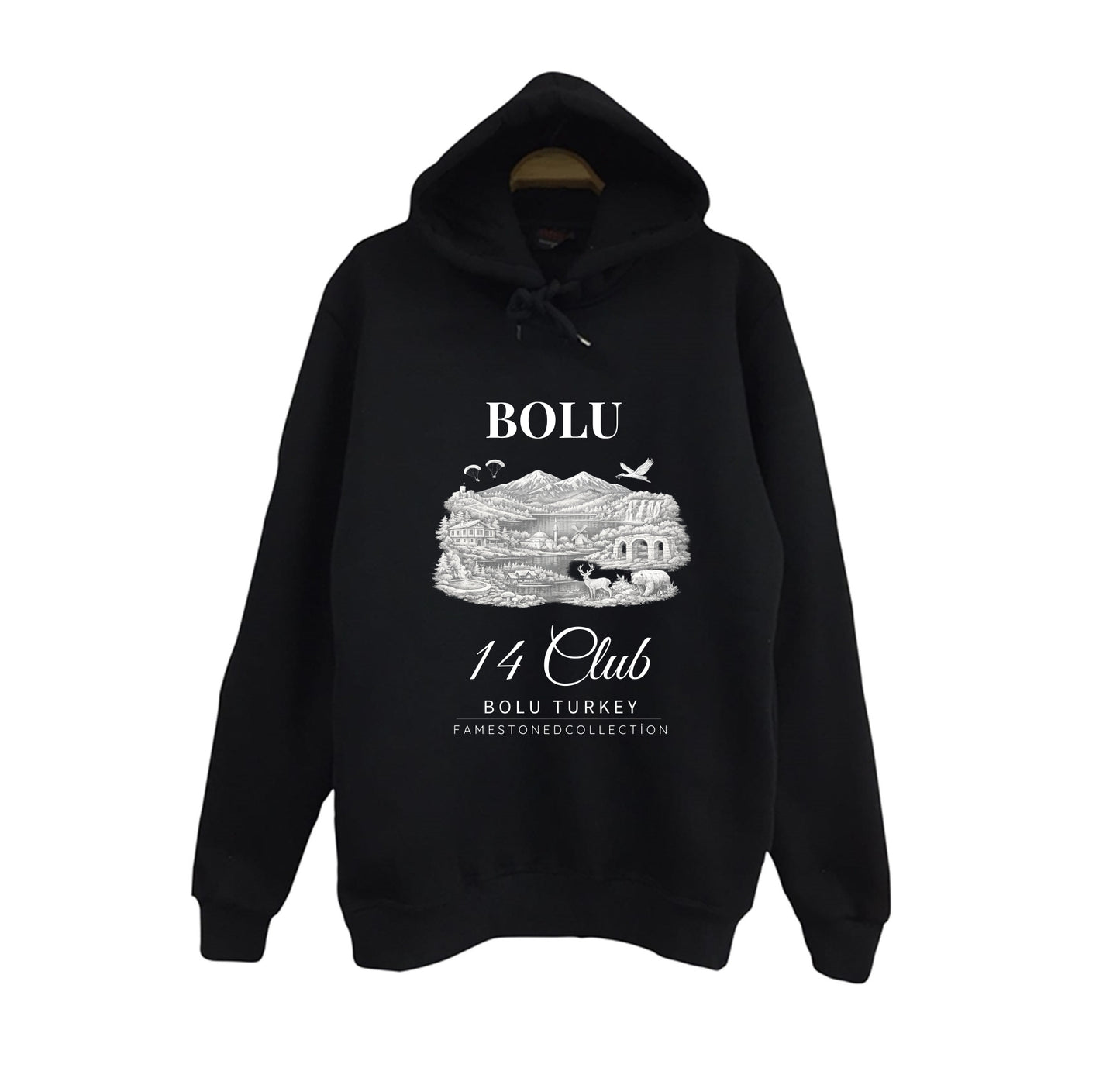 Bolu Abant Yedigöller Gölcük Doğa Şehir Baskılı Unisex %100 Pamuk Kapüşonlu Siyah Sweatshirt