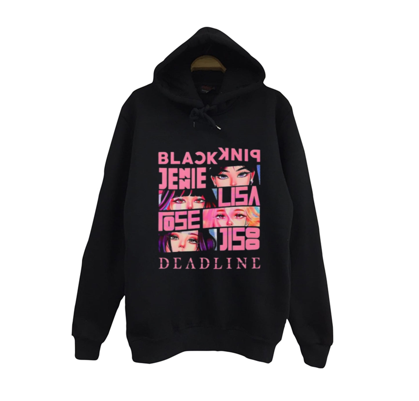 Blackpink - Lisa - Jennie - Jisoo -Rose - Deadline Baskılı Unisex %100 Pamuk Kapüşonlu Siyah Sweatshirt