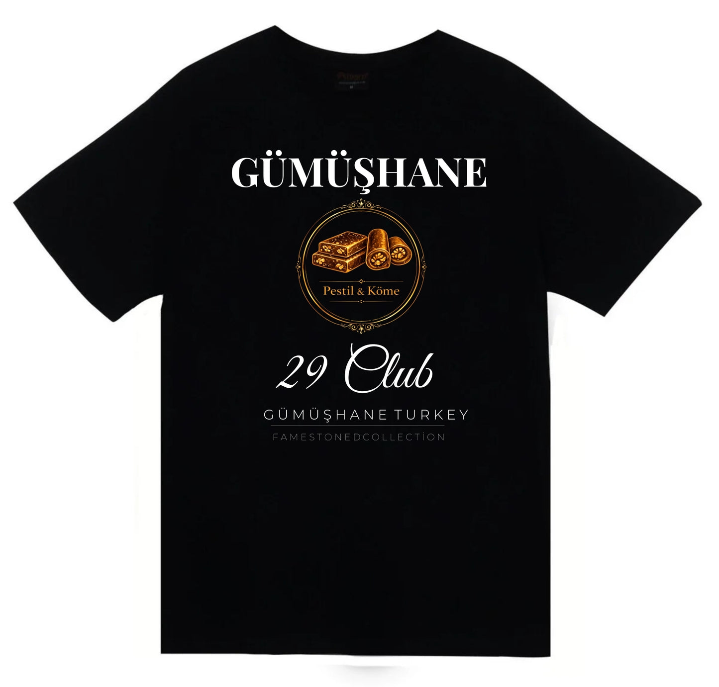 Gümüşhane - 29 - Pestil - Köme - Şehir Baskılı Unisex %100 Pamuk Siyah T-shirt