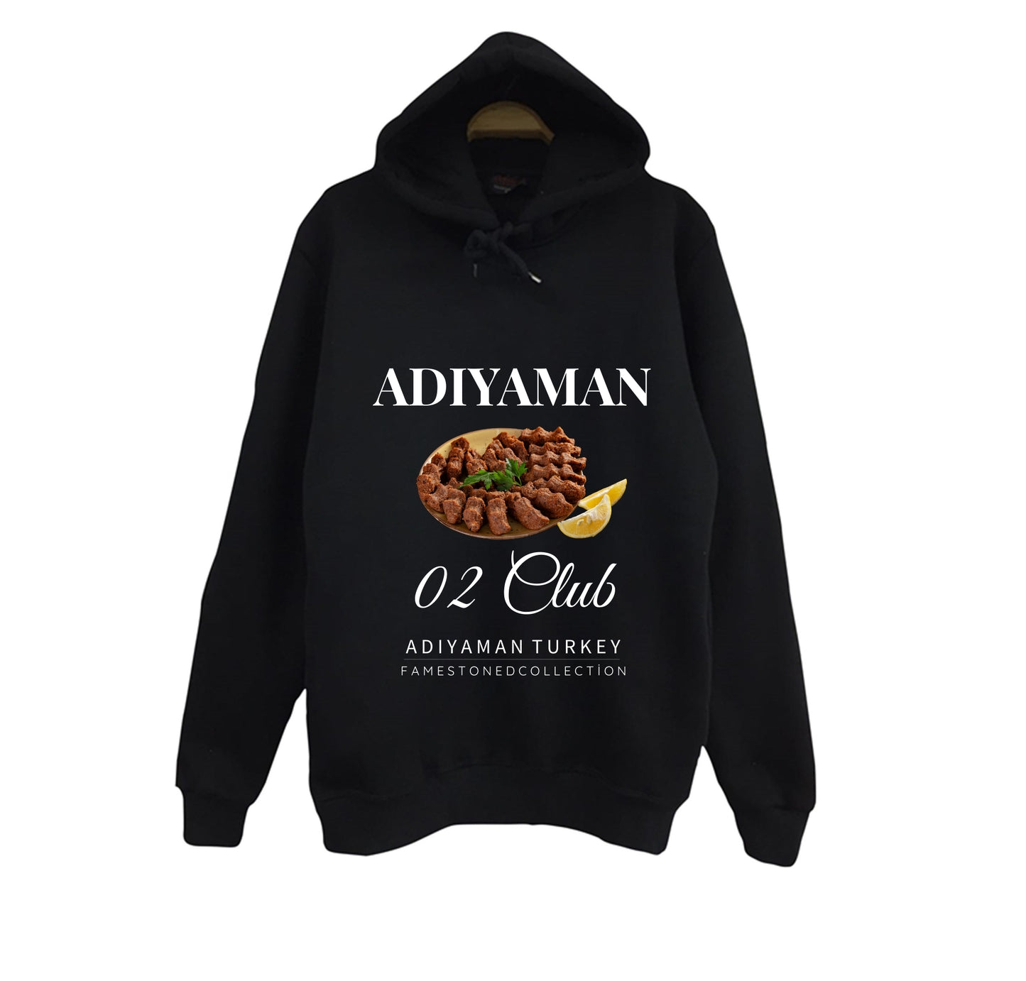 Adıyaman - 02 - Çiğköfte - Şehir Baskılı Unisex %100 Pamuk Kapüşonlu Siyah Sweatshirt