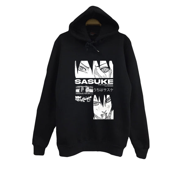 Naruto - Sasuke Uchiha baskılı siyah kapüşonlu sweatshirt