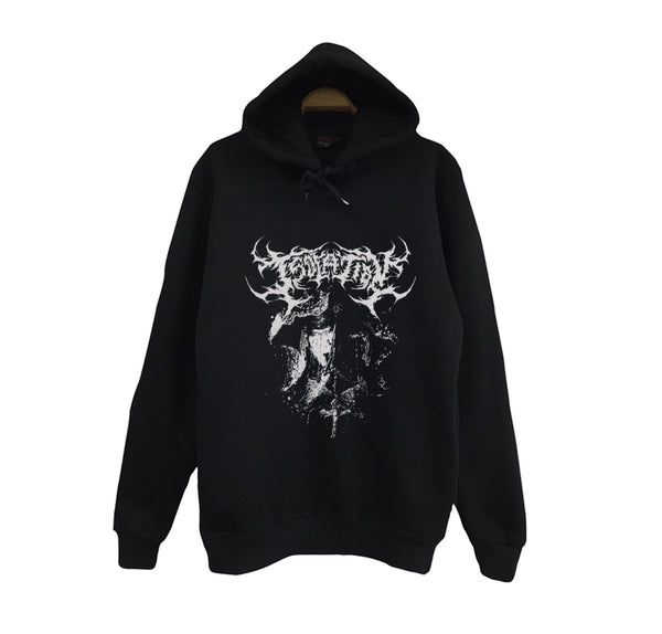 Gothic Black metal tarzı dikenli baskılı siyah kapüşonlu sweatshirt