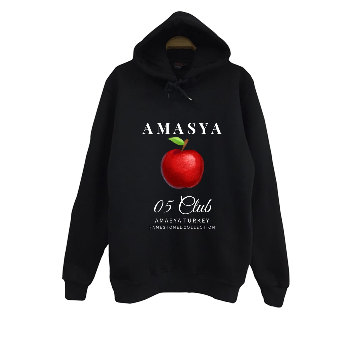 Amasya - 05 - Elma - Şehir Baskılı Unisex %100 Pamuk Kapüşonlu Siyah Sweatshirt