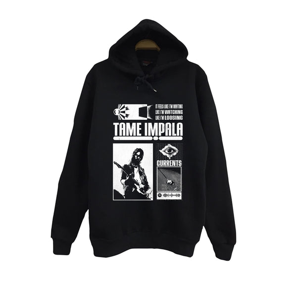 Tame Impala Müzik Grubu baskılı siyah kapüşonlu sweatshirt