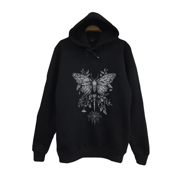 Gothic Gotik güve/kelebek, hançer baskılı siyah kapüşonlu sweatshirt