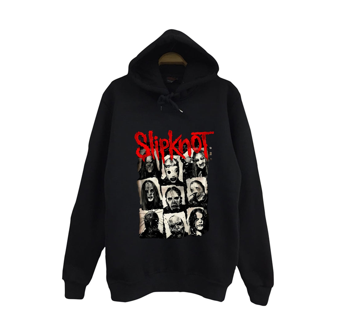 Slipknot Maskeli dokuz üyenin fotoğraf baskılı siyah kapüşonlu sweatshirt