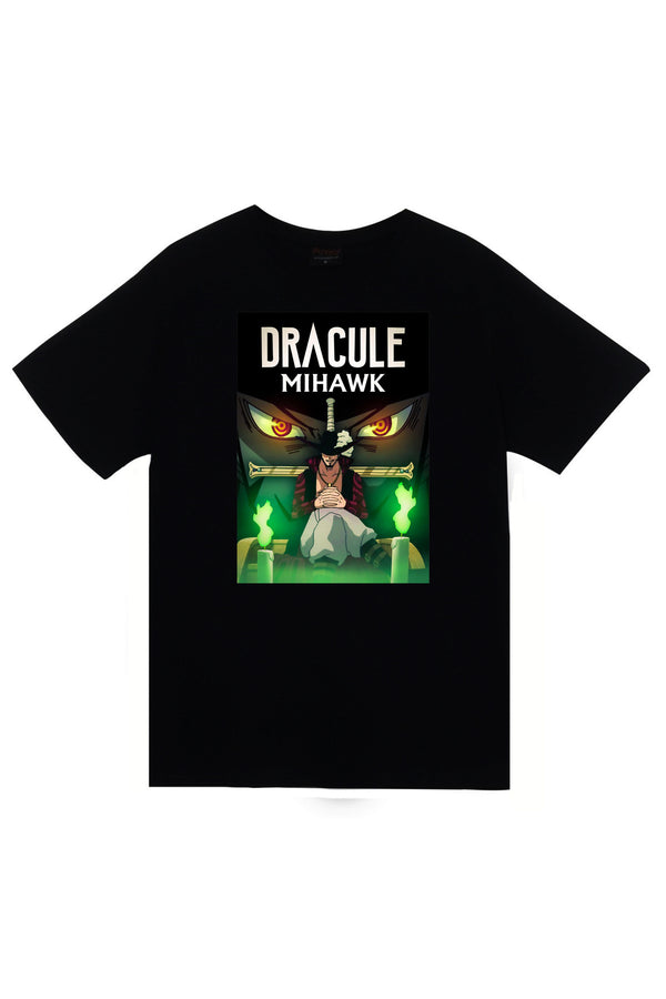 One Piece – Dracule Mihawk Anime Karakter Baskılı Unisex %100 Pamuk Tişört – Siyah