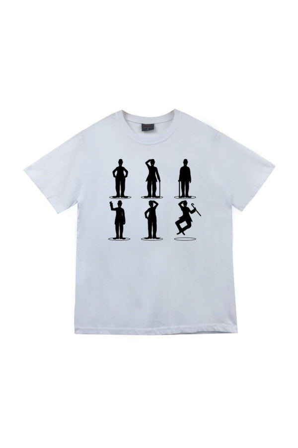 Unisex Beyaz Charlie Chaplin baskılı beyaz tişört