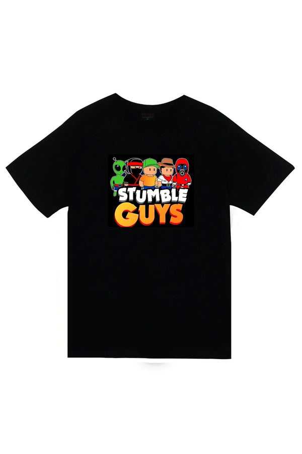 Stumble Guys Karakterleri ve oyun logosu baskılı siyah tişört