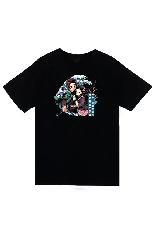 Demon Slayer Anime Baskılı Unisex %100 Pamuk Siyah T-shirt