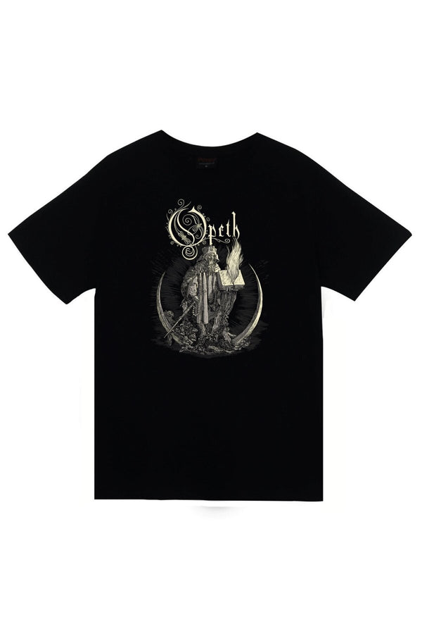 Faith Opeth Müzik Grubu Logosu ve gotik figür baskılı siyah tişört