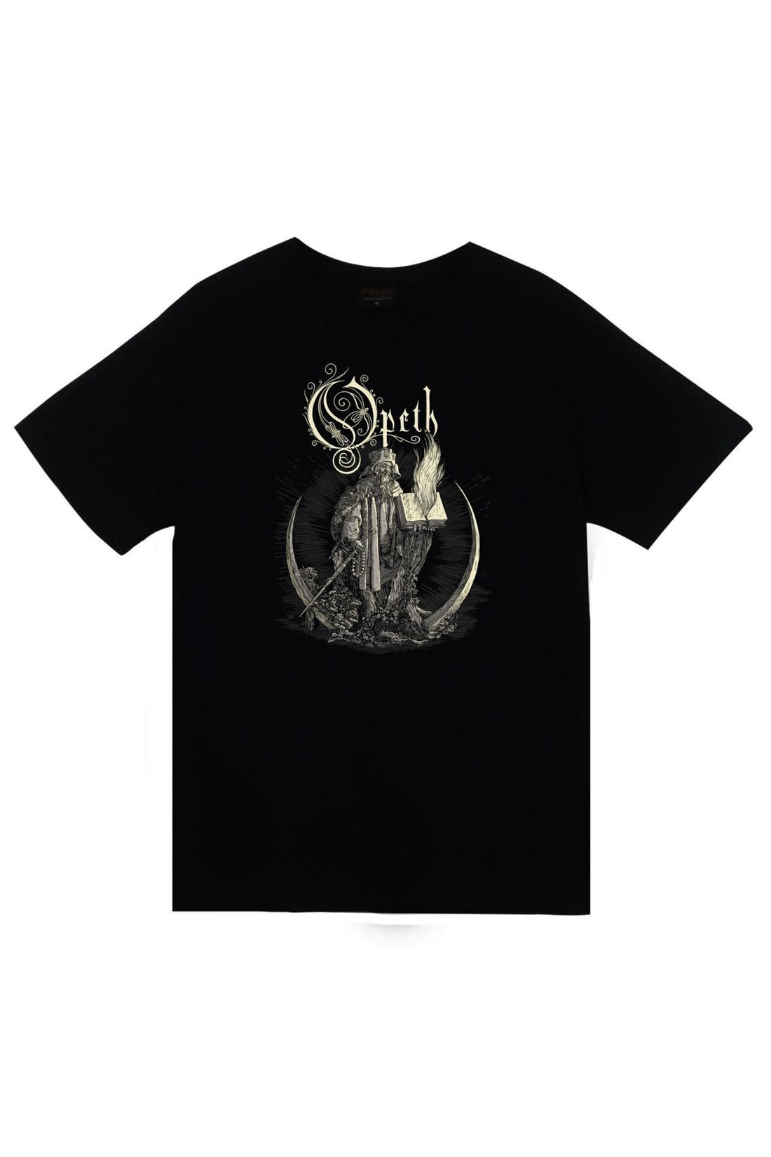 Faith Opeth Müzik Grubu Logosu ve gotik figür baskılı siyah tişört