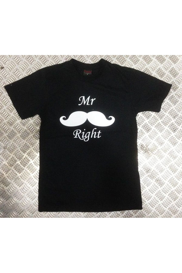 Mr Rıght Beyaz bıyık figürlü baskılı siyah tişört
