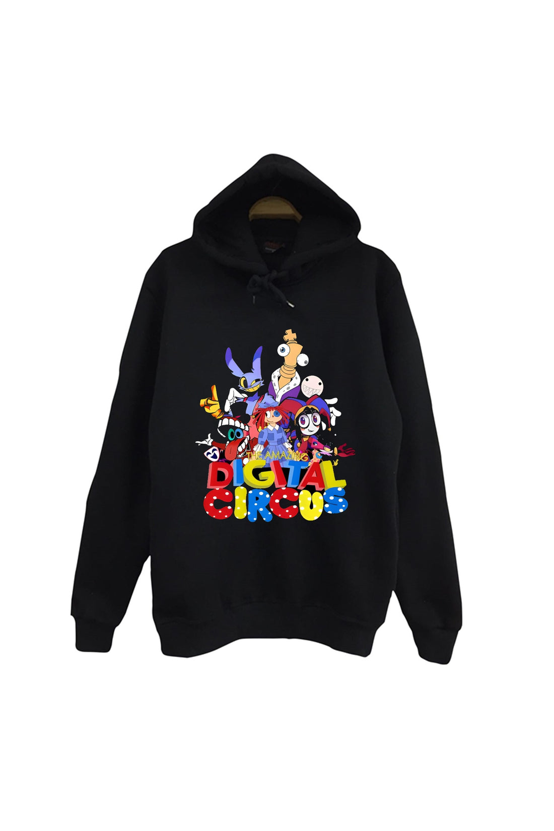 The Amazing Digital Circus baskılı siyah kapüşonlu sweatshirt