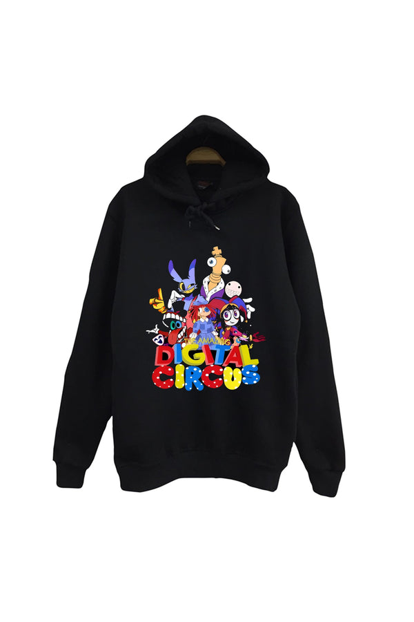 The Amazing Digital Circus baskılı siyah kapüşonlu sweatshirt