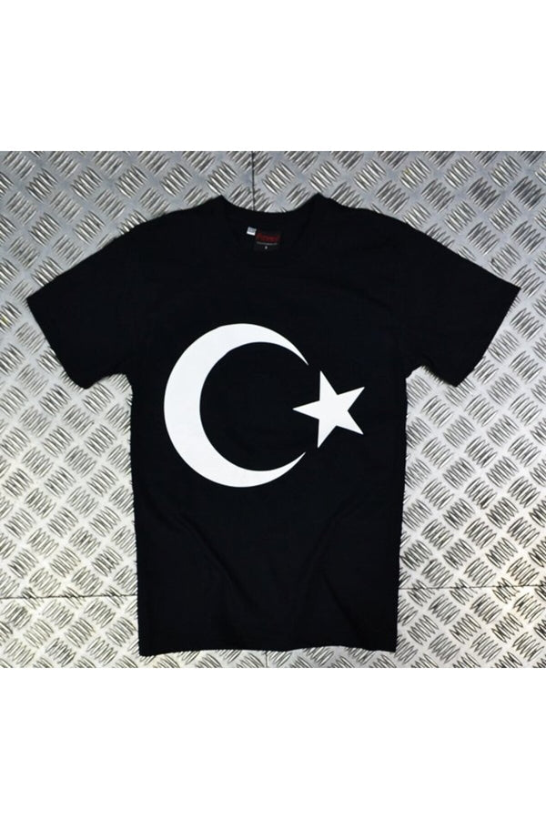 Erkek Ay Yıldız yildiz motifi baskılı siyah tişört