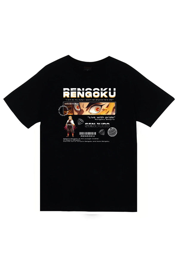 Demon Slayer Kyojuro Rengoku baskılı siyah tişört