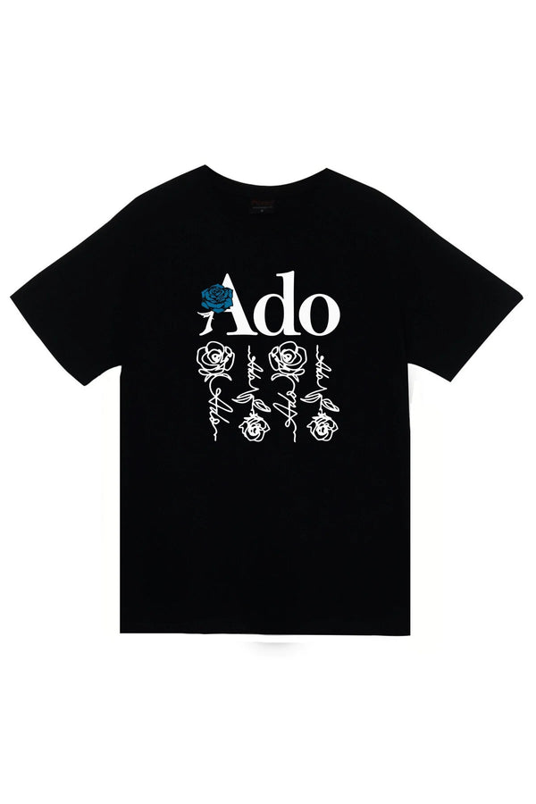 Ado Japon - K-Pop K-Pop - Logosu ve gül çizimleri baskılı siyah tişört