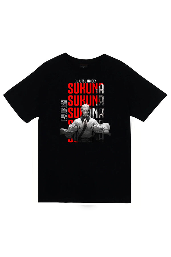 Jujutsu Kaisen - Ryomen Sukuna tekrarlı tipografili baskılı siyah tişört