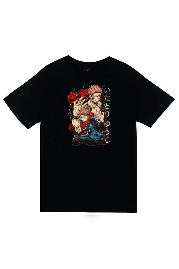 Jujutsu Kaisen Anime Yuji Itadori renkli illüstrasyon baskılı siyah tişört