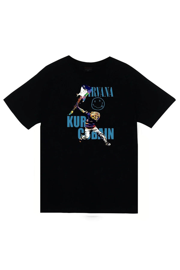 Nirvana - Kurt Cobain baskılı siyah tişört