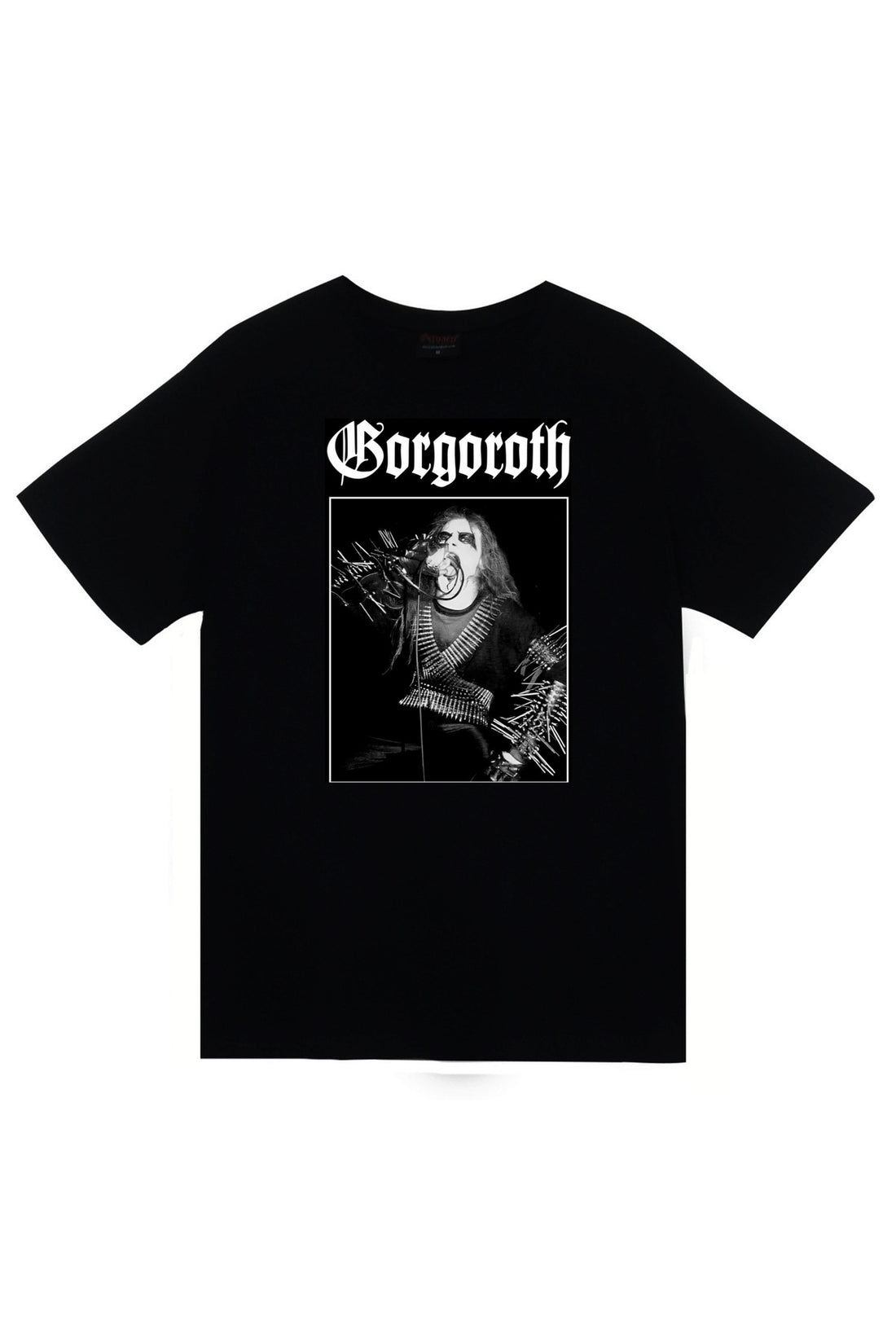 Gorgoroth Müzik Grubu Logosu ve siyah-beyaz sahne baskılı siyah tişört