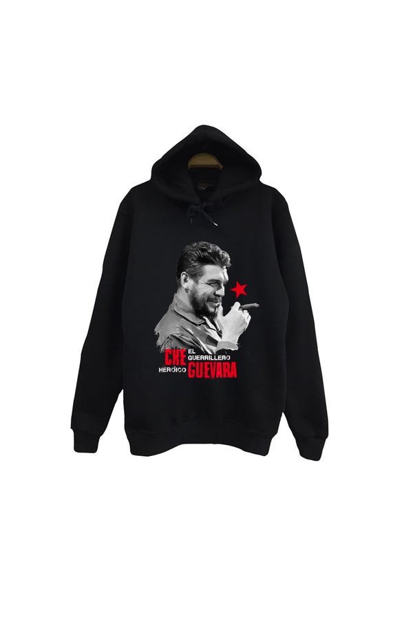 Che Guevara Baskılı Unisex %100 Pamuk Kapüşonlu Sweatshirt – Siyah