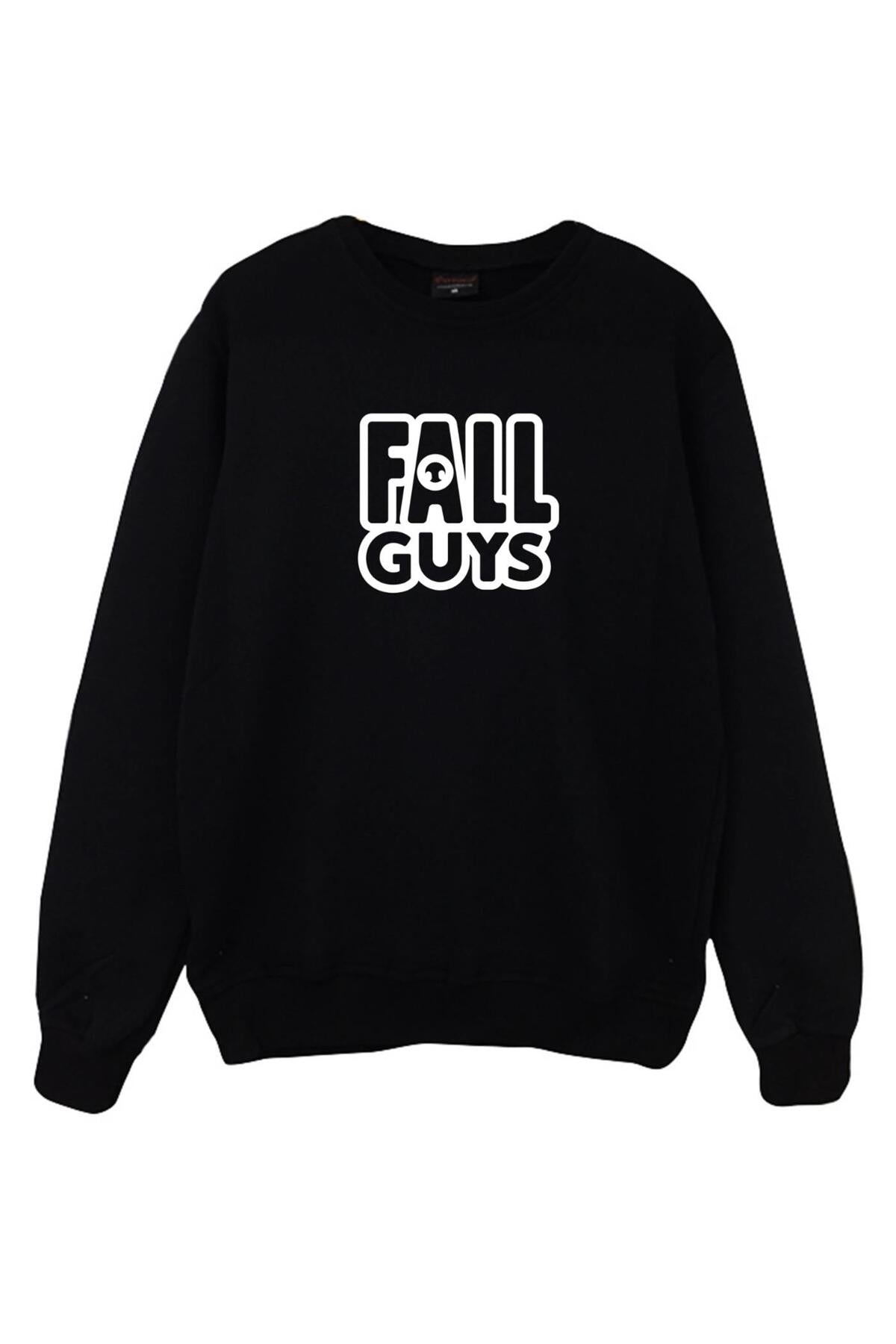 Unisex Siyah Fall Guys Oyun Baskılı Bisiklet Yaka Sweatshirt