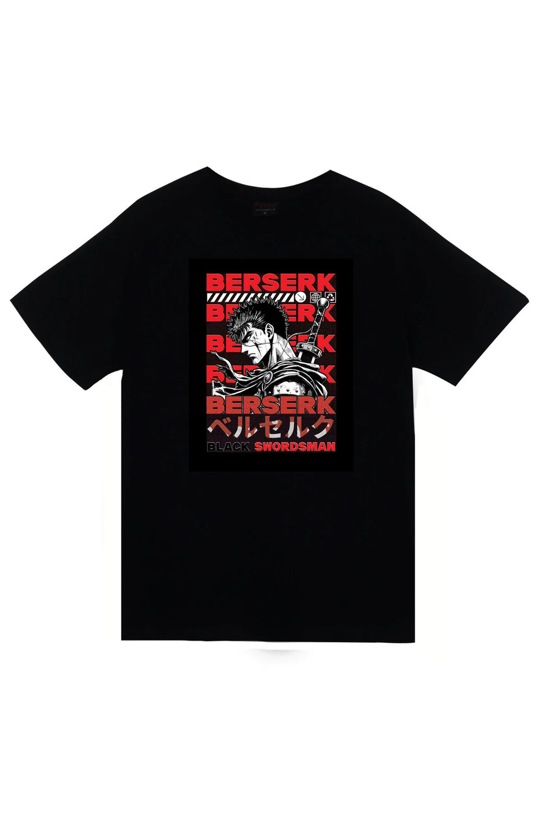 Berserk Anime Kırmızı tekrarlı tipografi baskılı siyah tişört