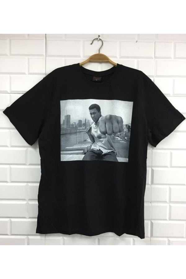 Unisex Siyah Muhammed Ali baskılı siyah tişört