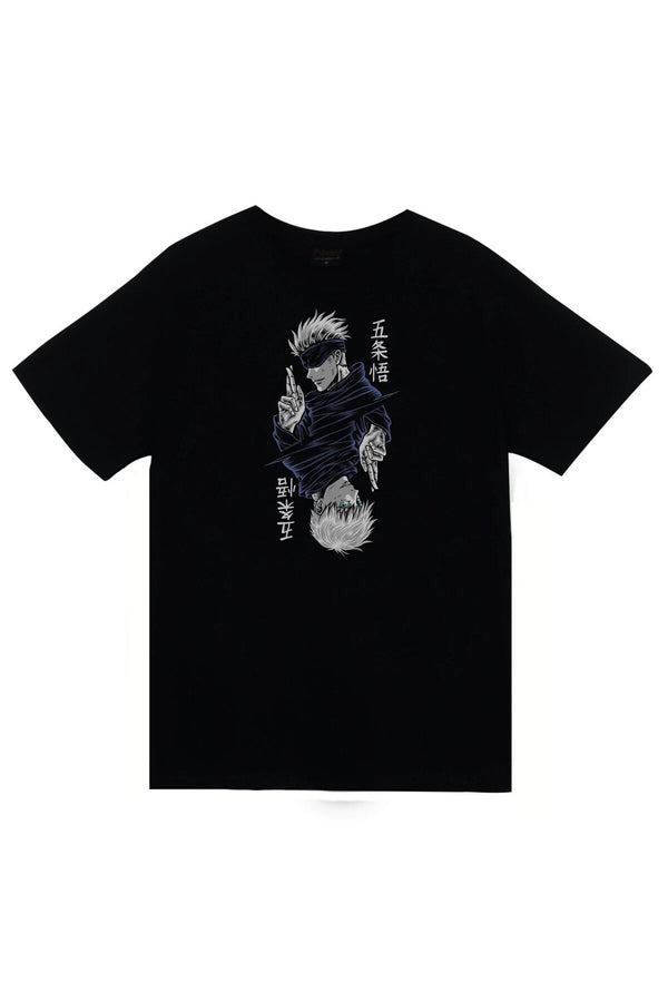 Jujutsu Kaisen Anime Gojo Satoru siyah-beyaz karakter baskılı siyah tişört