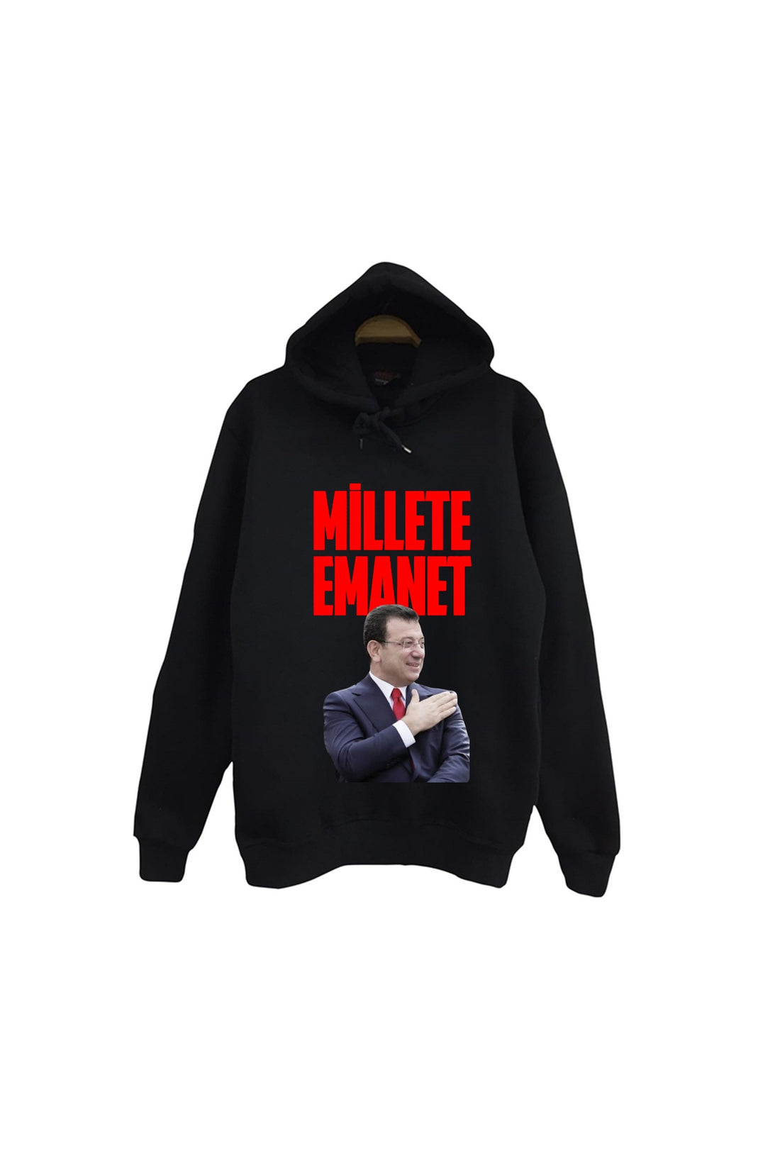 Ekrem İmamoğlu Millete Emanet Takım elbiseli baskılı siyah kapüşonlu sweatshirt