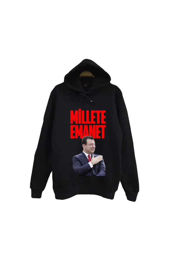 Ekrem İmamoğlu Millete Emanet Takım elbiseli baskılı siyah kapüşonlu sweatshirt