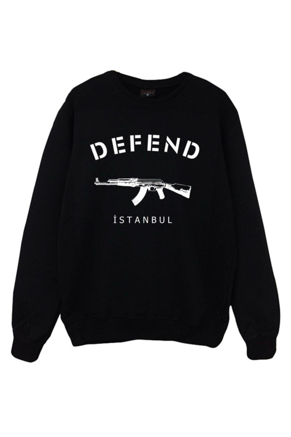 İstanbul'u savun Baskılı Unisex %100 Pamuk Sweatshirt – Siyah