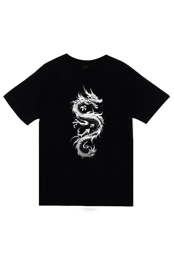 Dragon (Ejderha) Beyaz Çin ejderhası baskılı siyah tişört