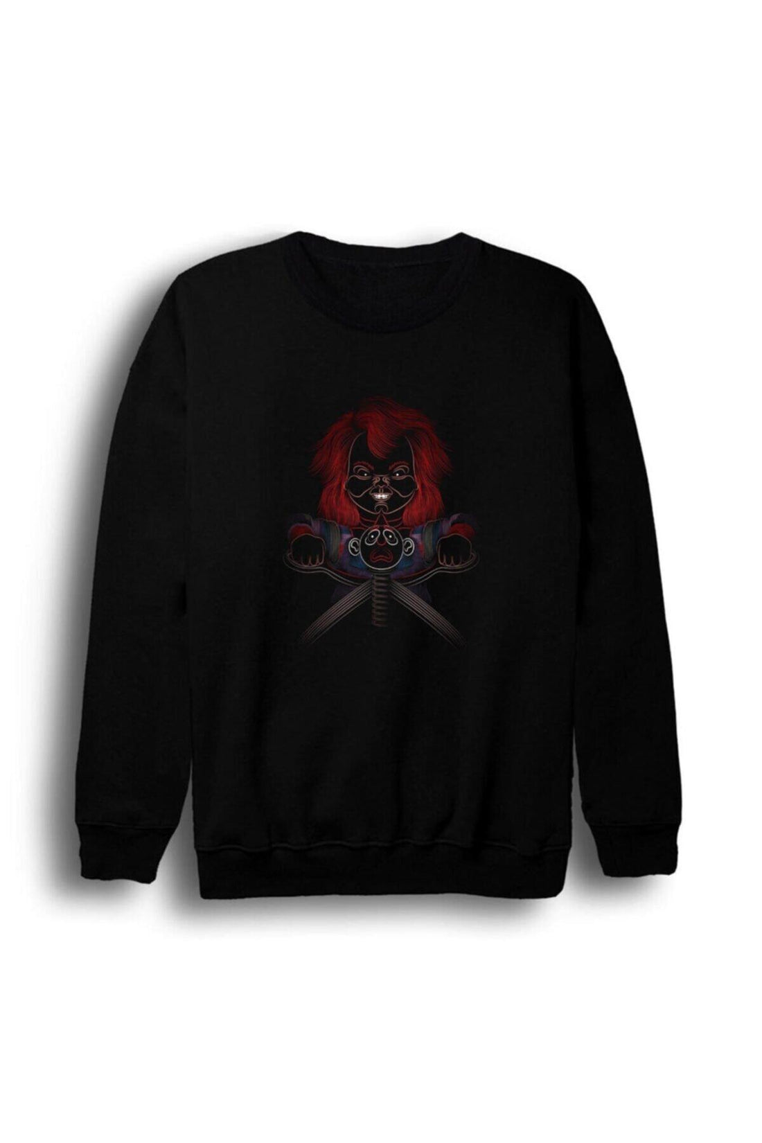 Chucky Film oyuncak bebeği baskılı siyah sweatshirt