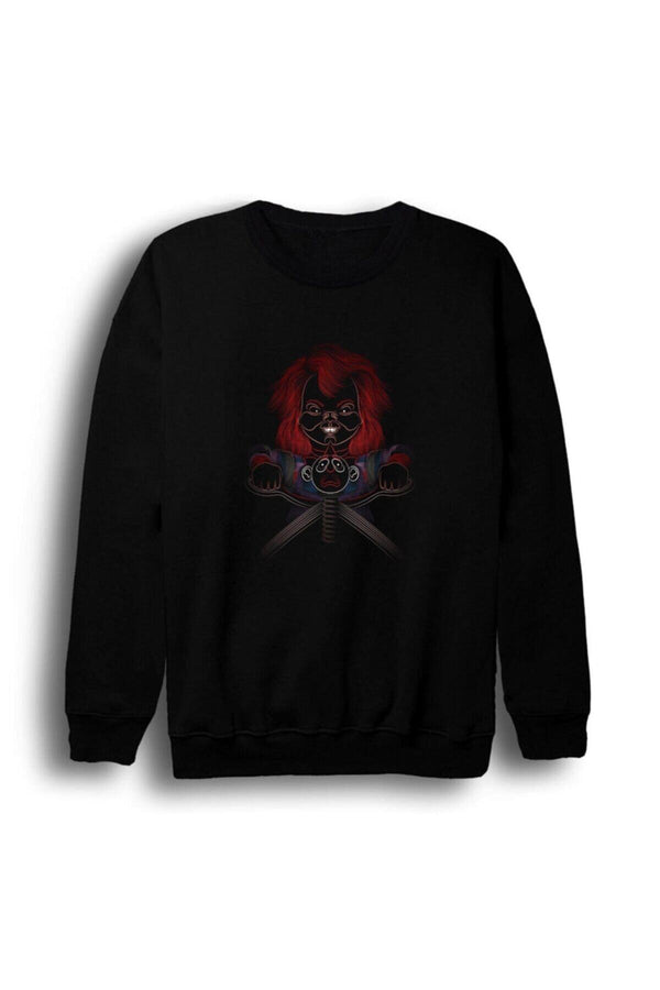 Chucky Film oyuncak bebeği baskılı siyah sweatshirt