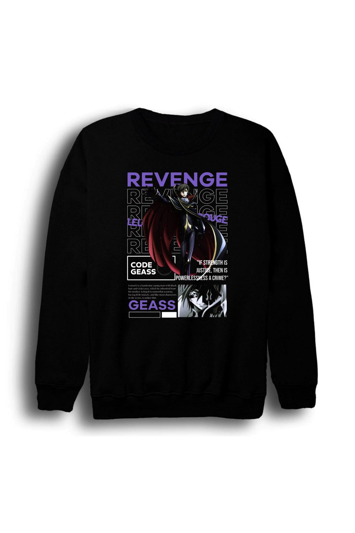 Lelouch Lamperouge - Code Geass - Anime Baskılı Unisex %100 Pamuk Siyah Bisiklet Yaka Sweatshirt