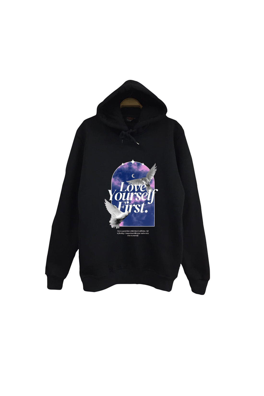 Love Yourself First - Kuş - Gökyüzü - Ay Galaksi baskılı siyah kapüşonlu sweatshirt