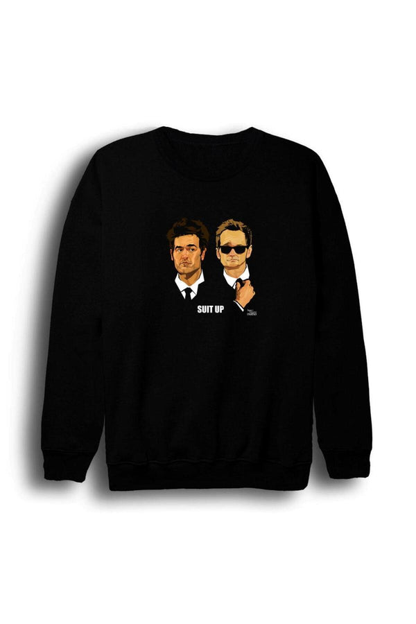 How I Met Your Mother Barney ve Ted karikatürü baskılı siyah sweatshirt
