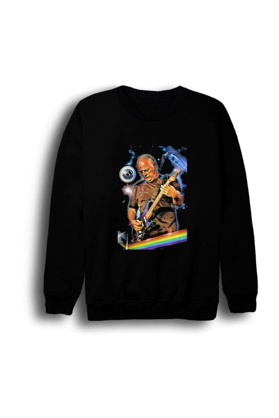 Pink Floyd Gitarist fotoğrafı ve gökkuşağı baskılı siyah sweatshirt