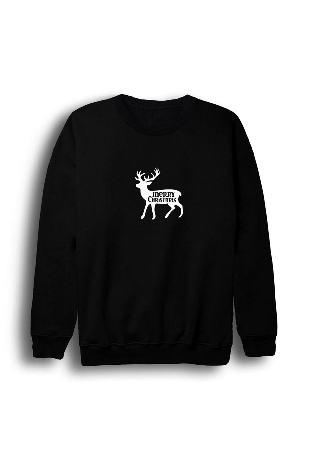 Unisex Siyah Yeni Yıl Hohoho Christmas Baskılı Bisiklet Yaka Sweatshirt