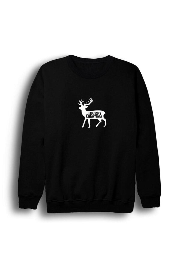 Unisex Siyah Yeni Yıl Hohoho Christmas Beyaz geyik silüeti baskılı siyah sweatshirt