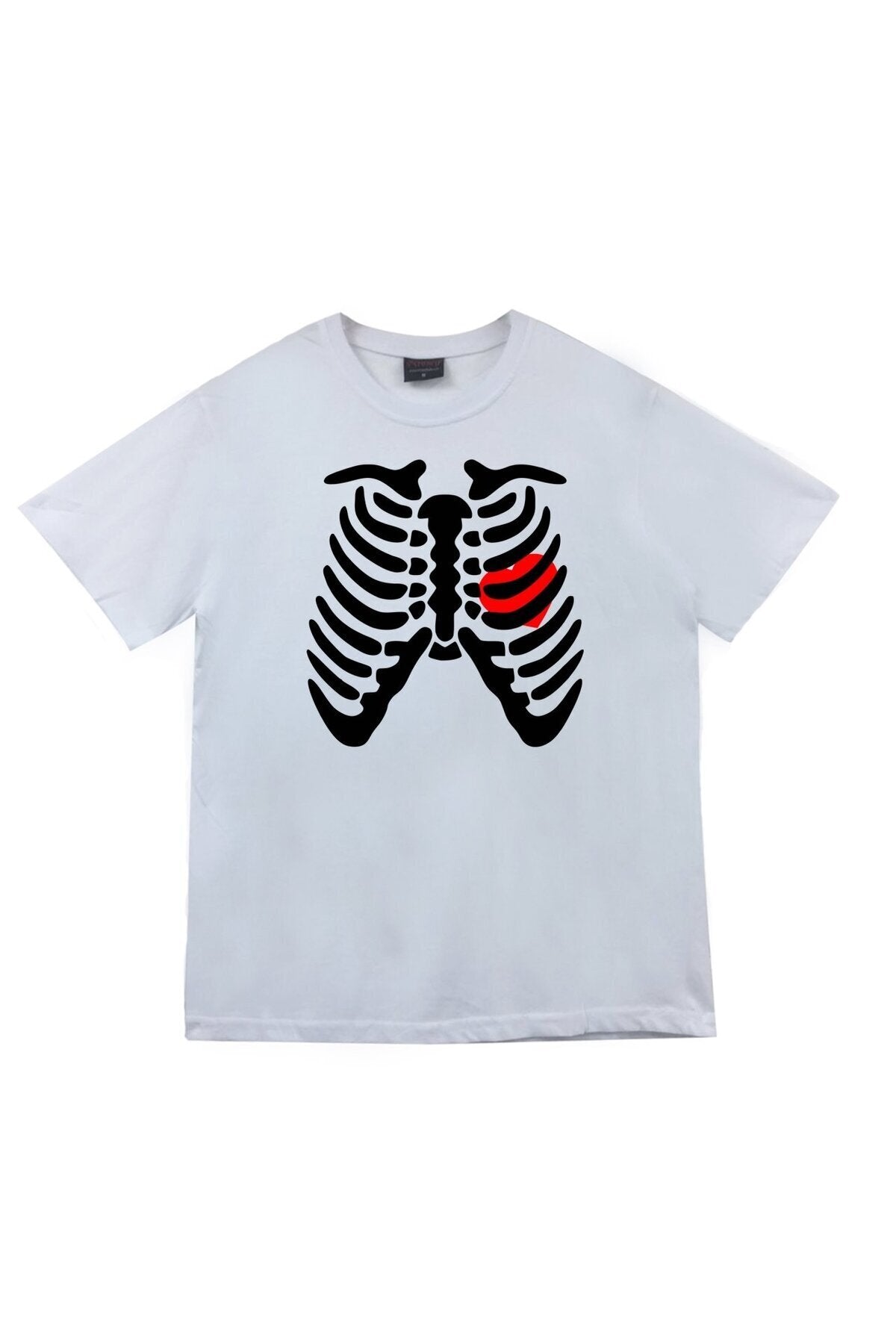 Unisex Beyaz İskelet Rib Cage Kurukafa Baskılı T-shirt