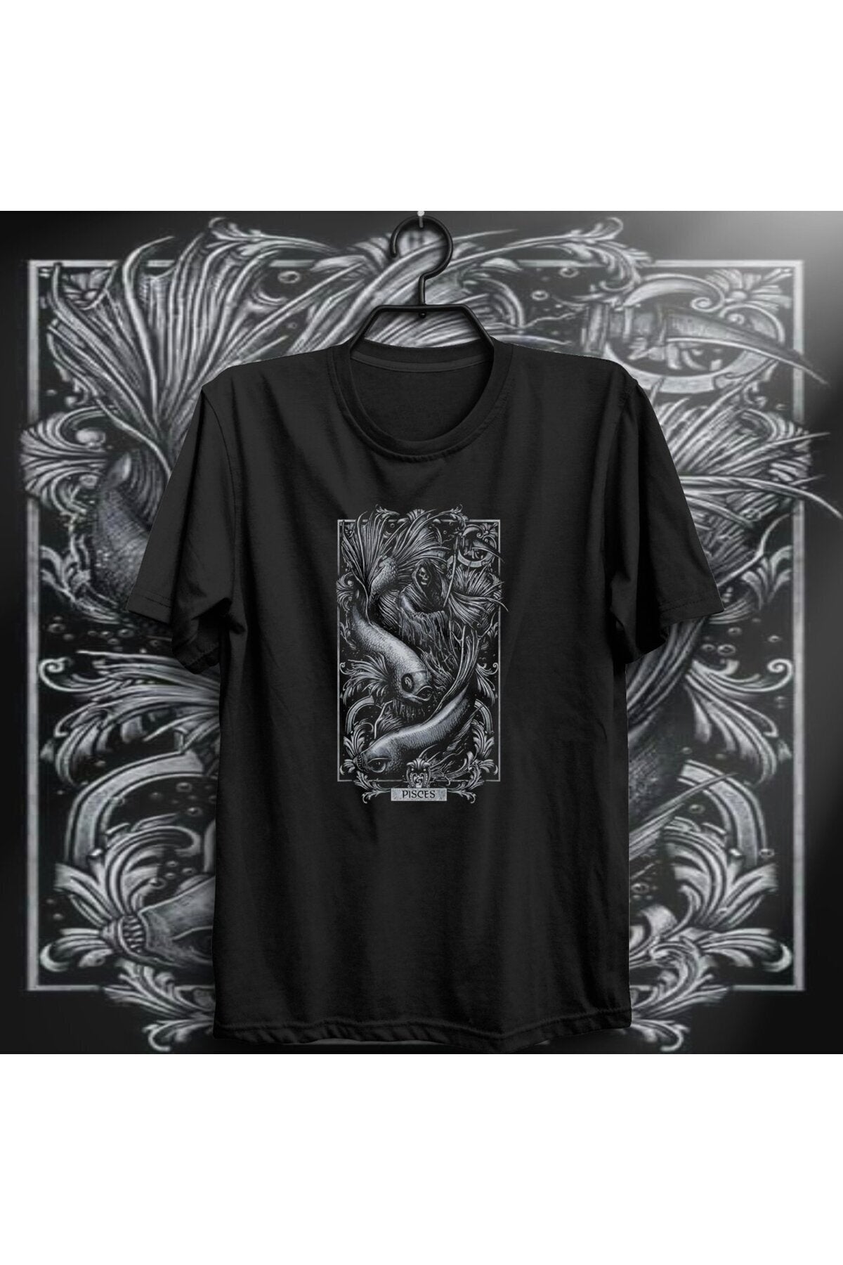Unisex Siyah Balık Burcu Baskılı T-shirt