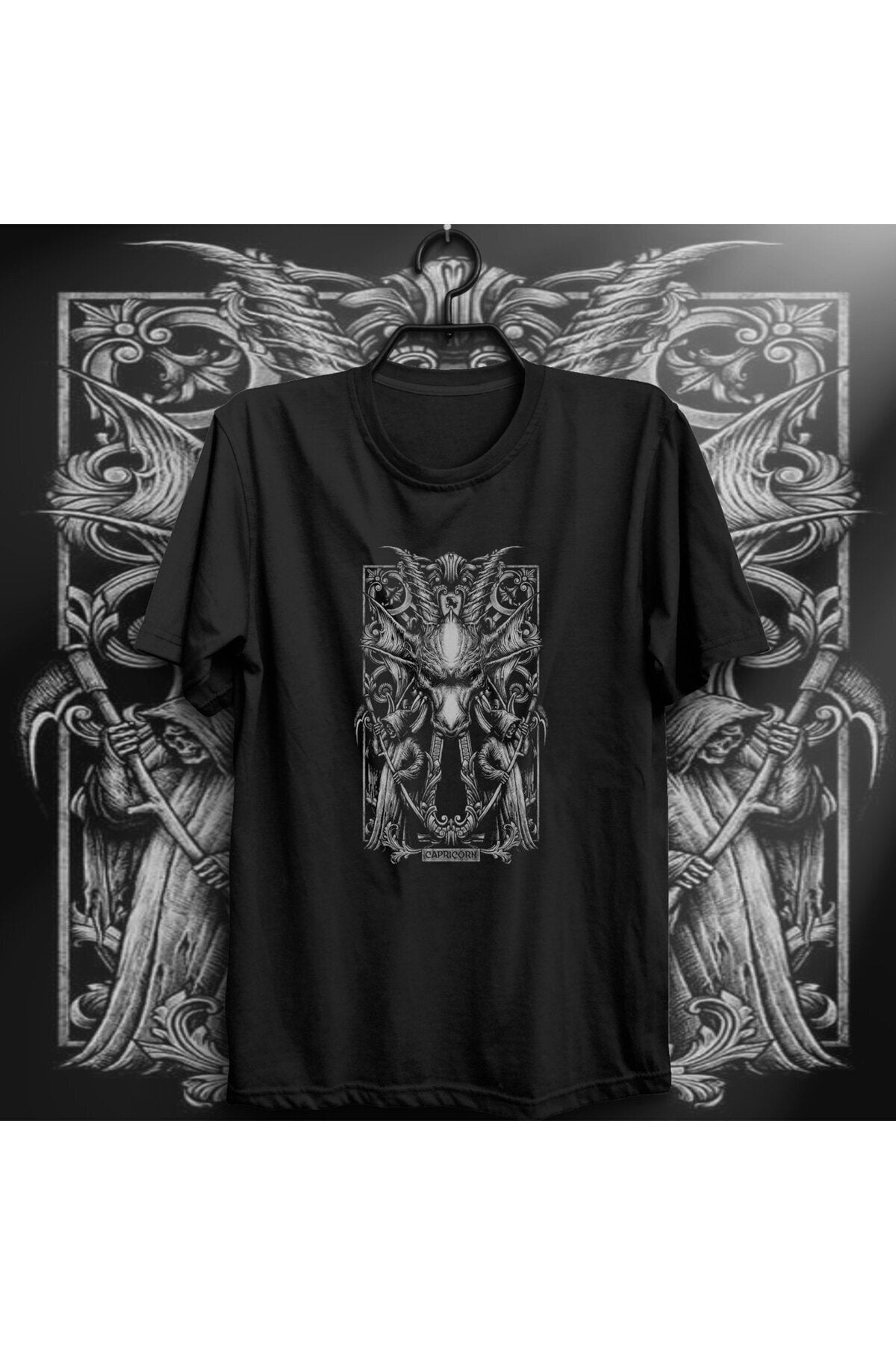 Unisex Siyah Oğlak Burcu Baskılı T-shirt