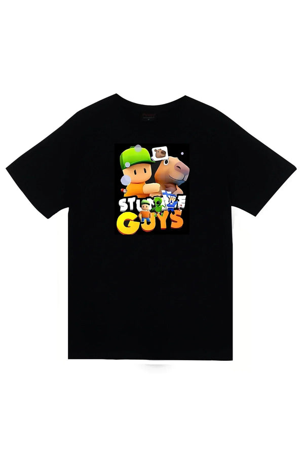 Stumble Guys Karakterleri ve oyun logosu baskılı siyah tişört